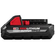Milwaukee M18 REDLITHIUM HIGH OUTPUT CP3.0 battery pack with red and black casing and status indicator lights.