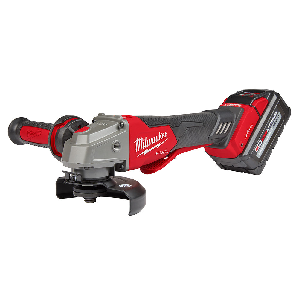 Milwaukee M18 FUEL cordless angle grinder with red and black body, gray gearbox, and attached battery pack.