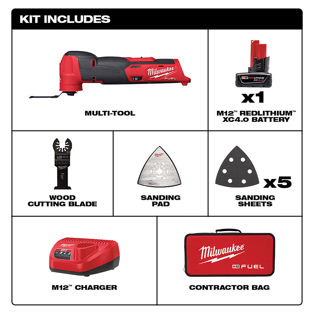 Red and black Milwaukee M12 FUEL oscillating multi-tool with battery, charger, wood blade, sanding pad, sheets, and contracto
