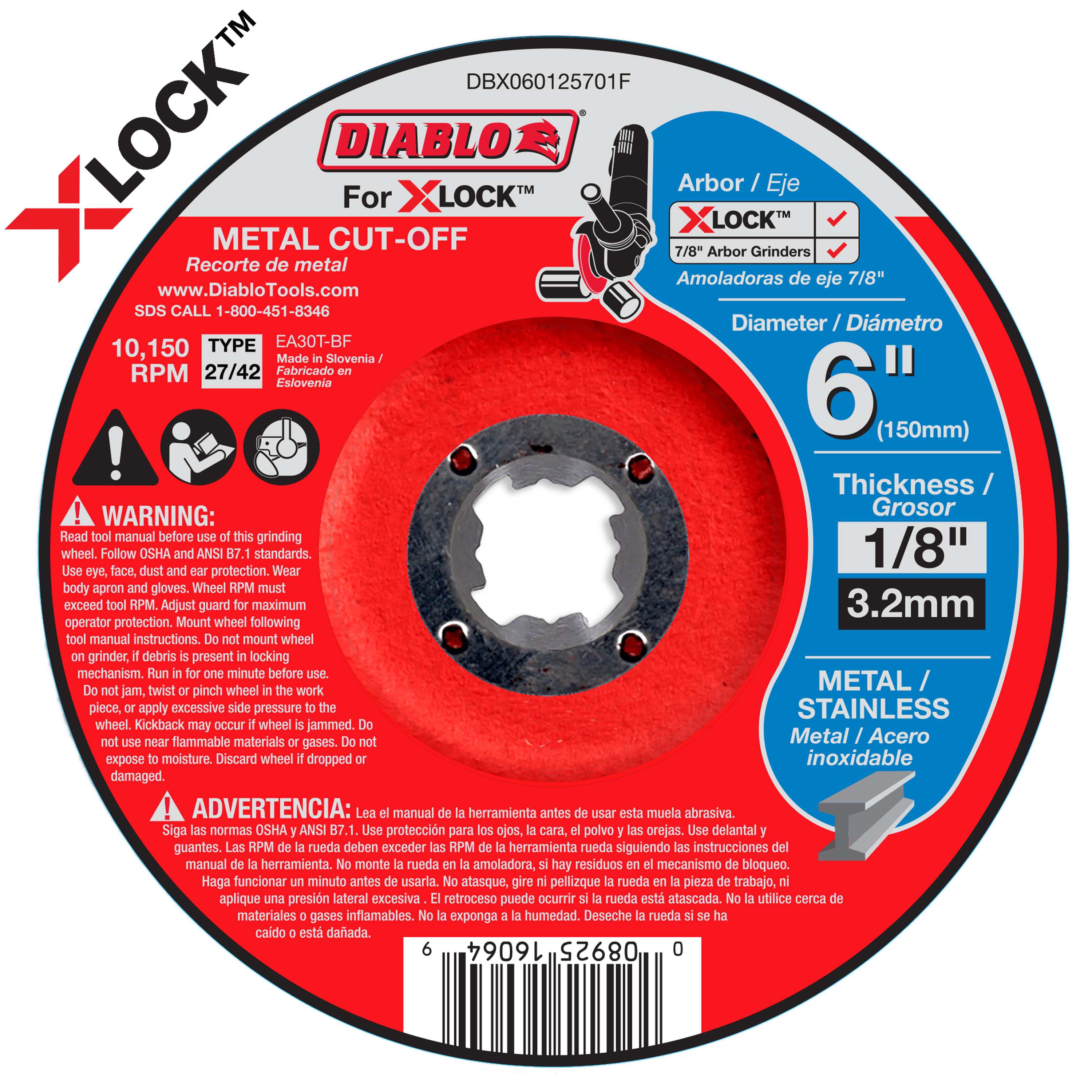 Diablo 6-inch metal cut-off disc with X-Lock arbor, Type 27/42, 1/8-inch thickness for angle grinders.