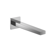 Polished chrome wall-mounted bathroom faucet with elongated spout and square mounting plate.