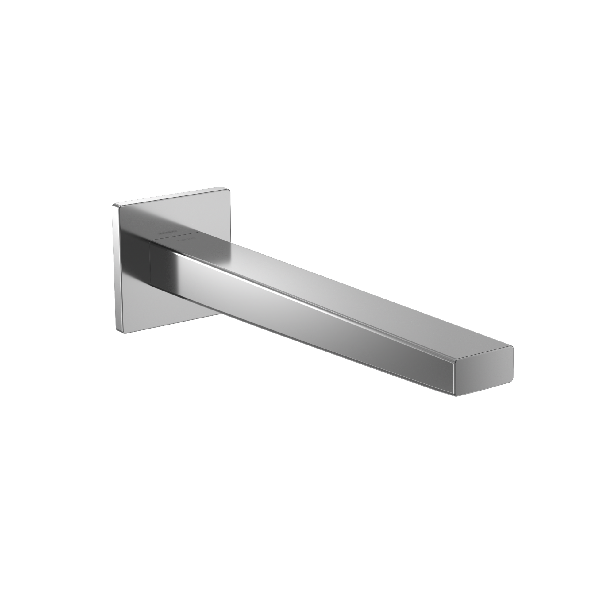 Polished chrome wall-mounted touchless faucet spout with square backplate and rectangular outlet.
