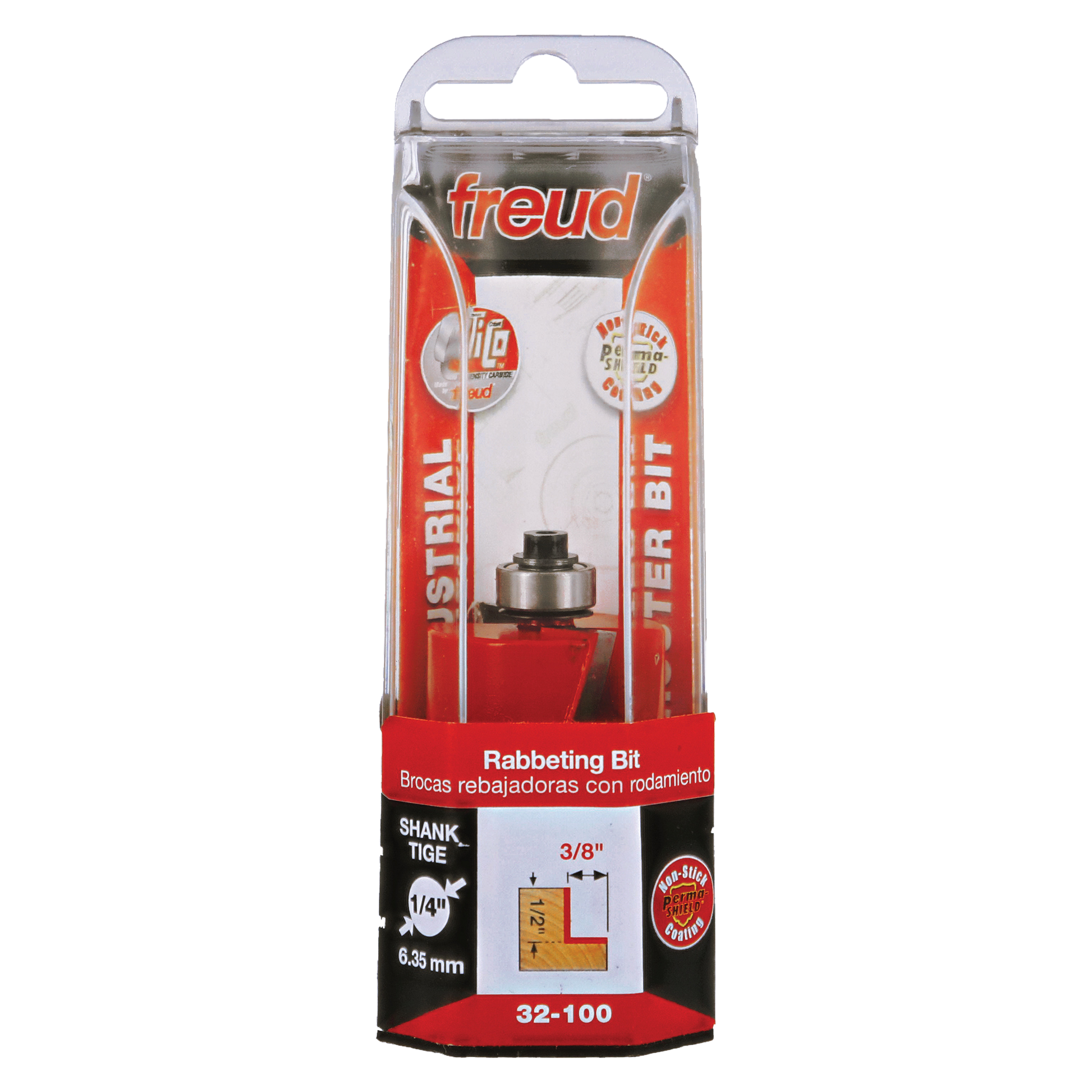 Freud 32-100 rabbeting bit with 1/4" shank in clear plastic clamshell packaging with red and black labeling.