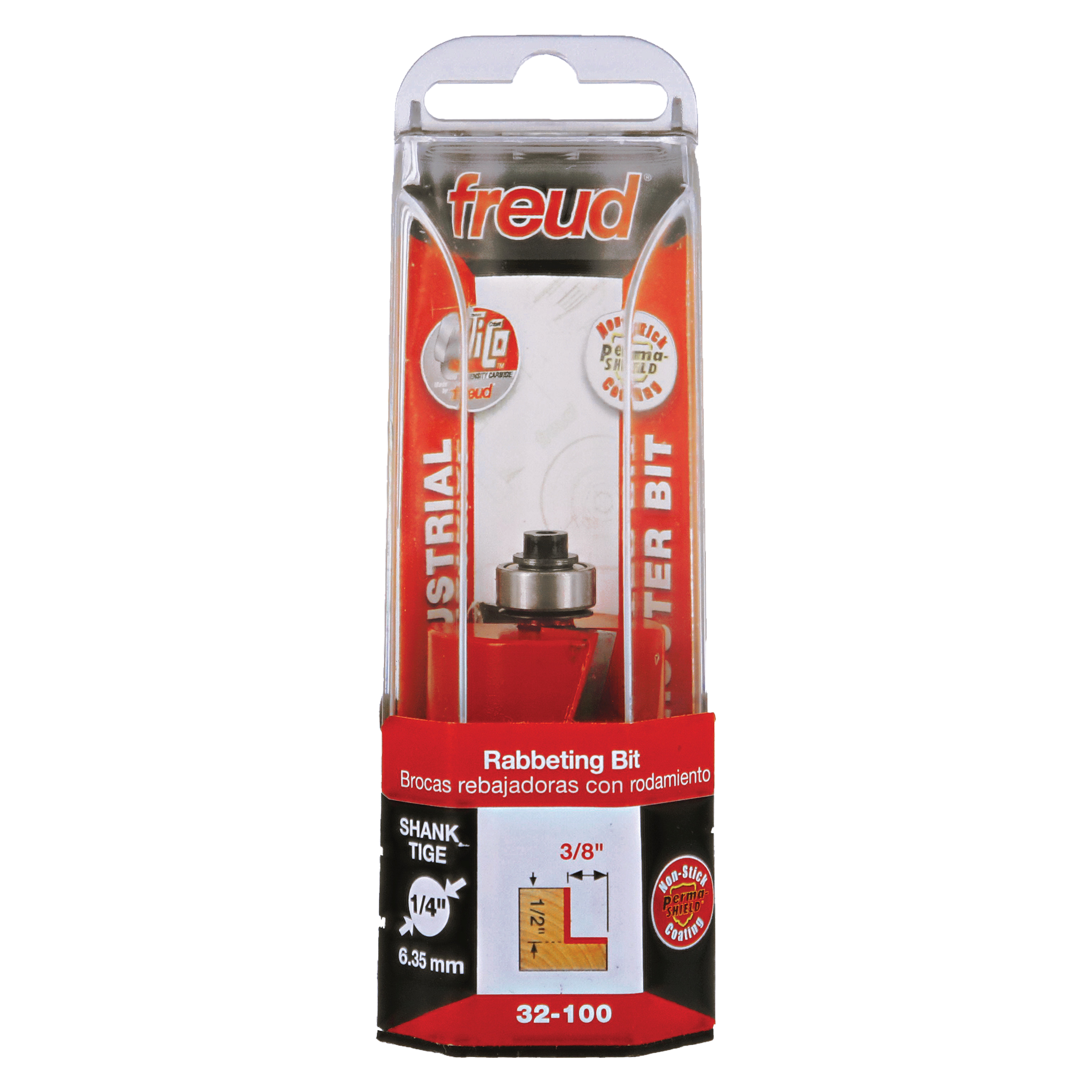 Freud 32-100 rabbeting bit with 1/4" shank in clear plastic clamshell packaging with red and black labeling.