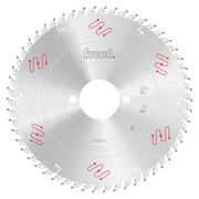 Circular saw blade with multiple teeth around perimeter, central arbor hole, Freud branding and red markings visible on silve