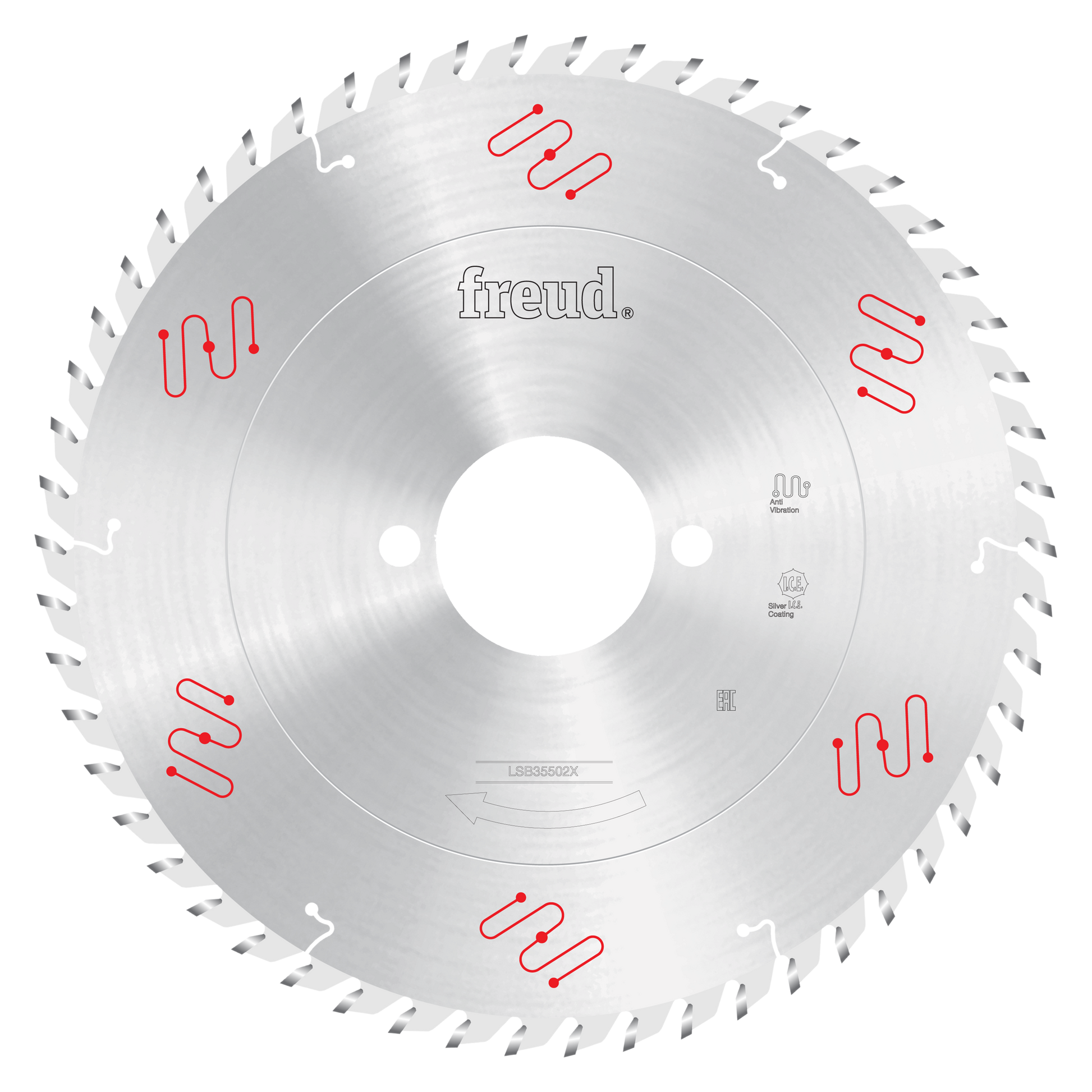 Circular saw blade with multiple teeth around perimeter, central arbor hole, Freud branding and red markings visible on silve