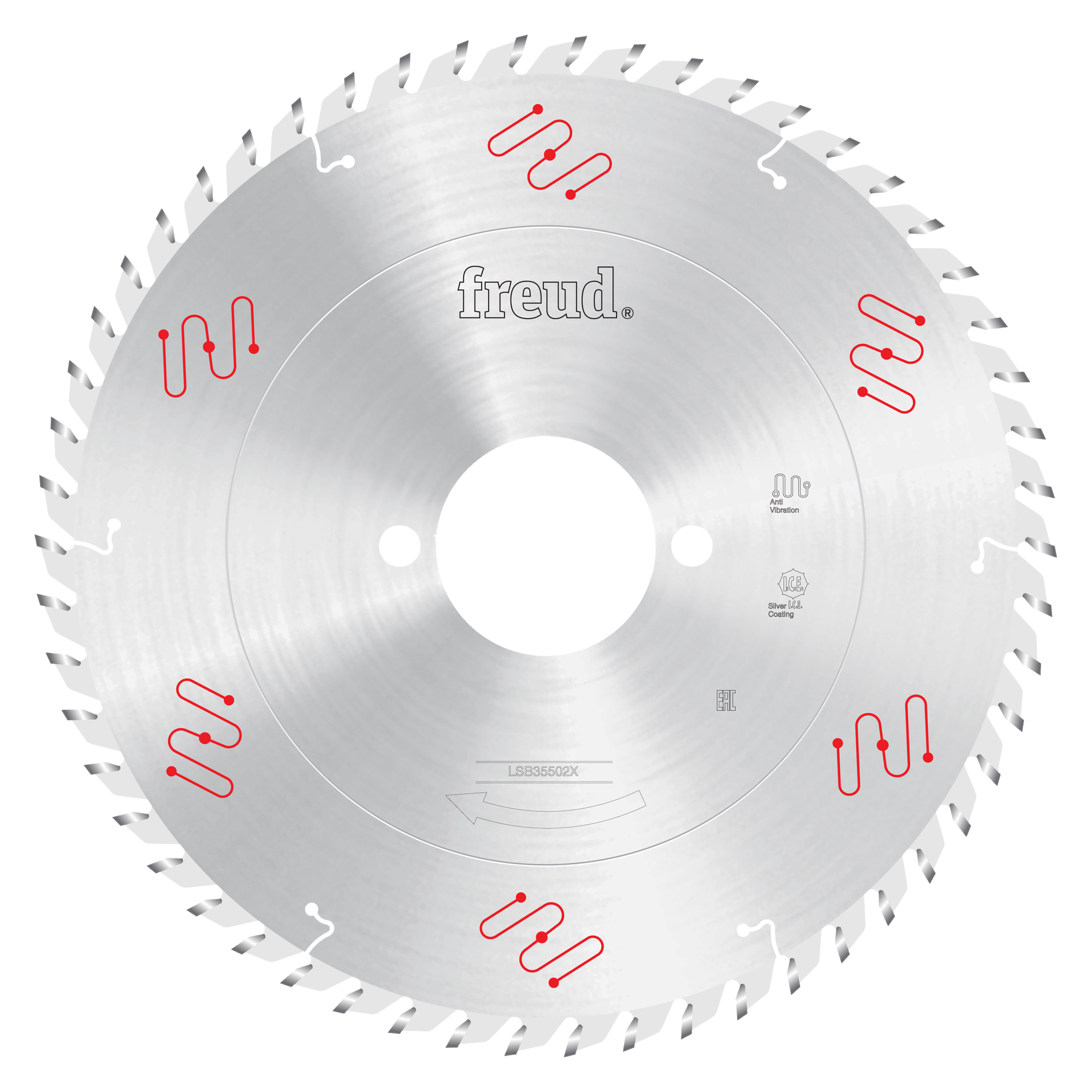 Circular saw blade with multiple teeth around perimeter, central arbor hole, Freud branding and red markings visible on silve