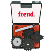 Freud SD606 6" dado blade set in open case with two stacked saw blades, wrench, and red foam insert.