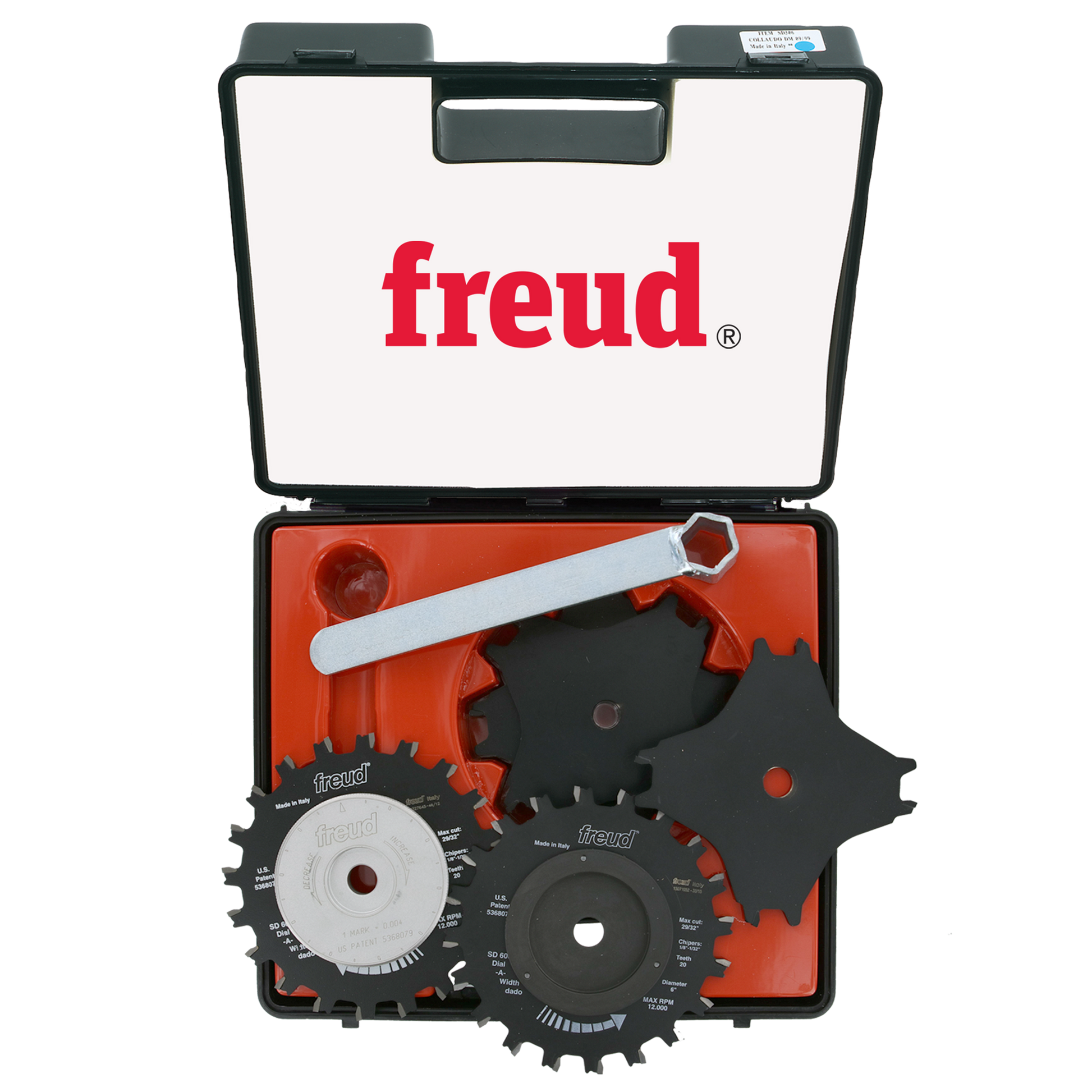 Freud SD606 6" dado blade set in open case with two stacked saw blades, wrench, and red foam insert.