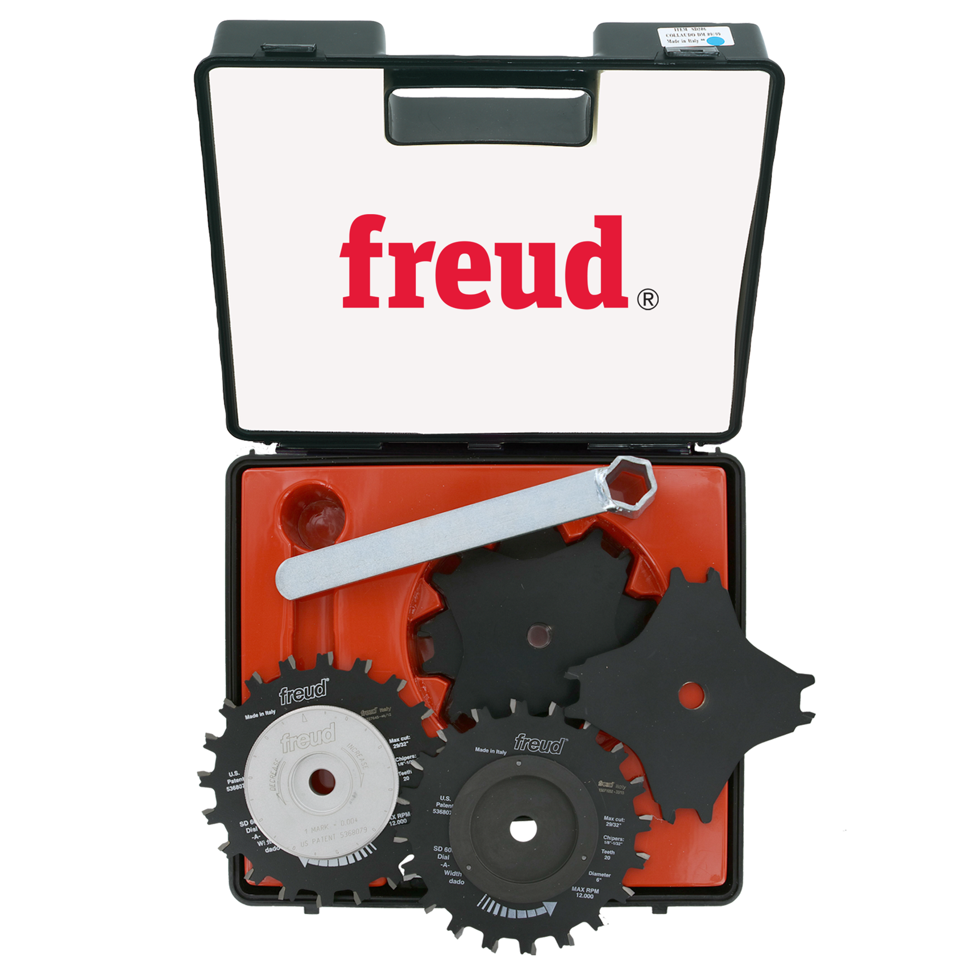 Freud SD606 6" dado blade set in open case with two stacked saw blades, wrench, and red foam insert.