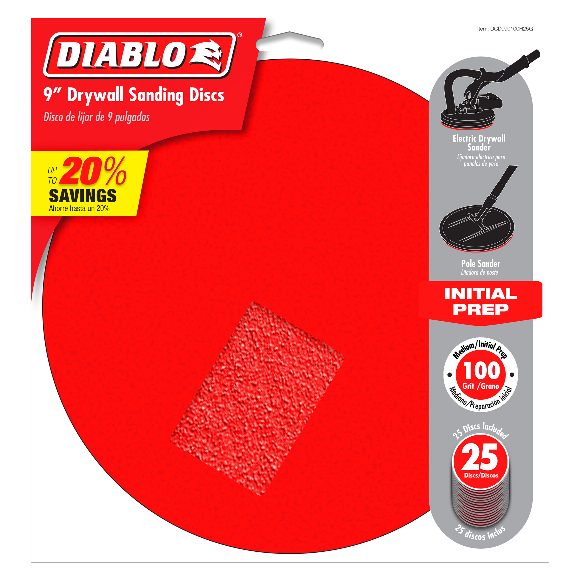9-inch round drywall sanding disc with 100 grit medium texture and hook and loop backing.