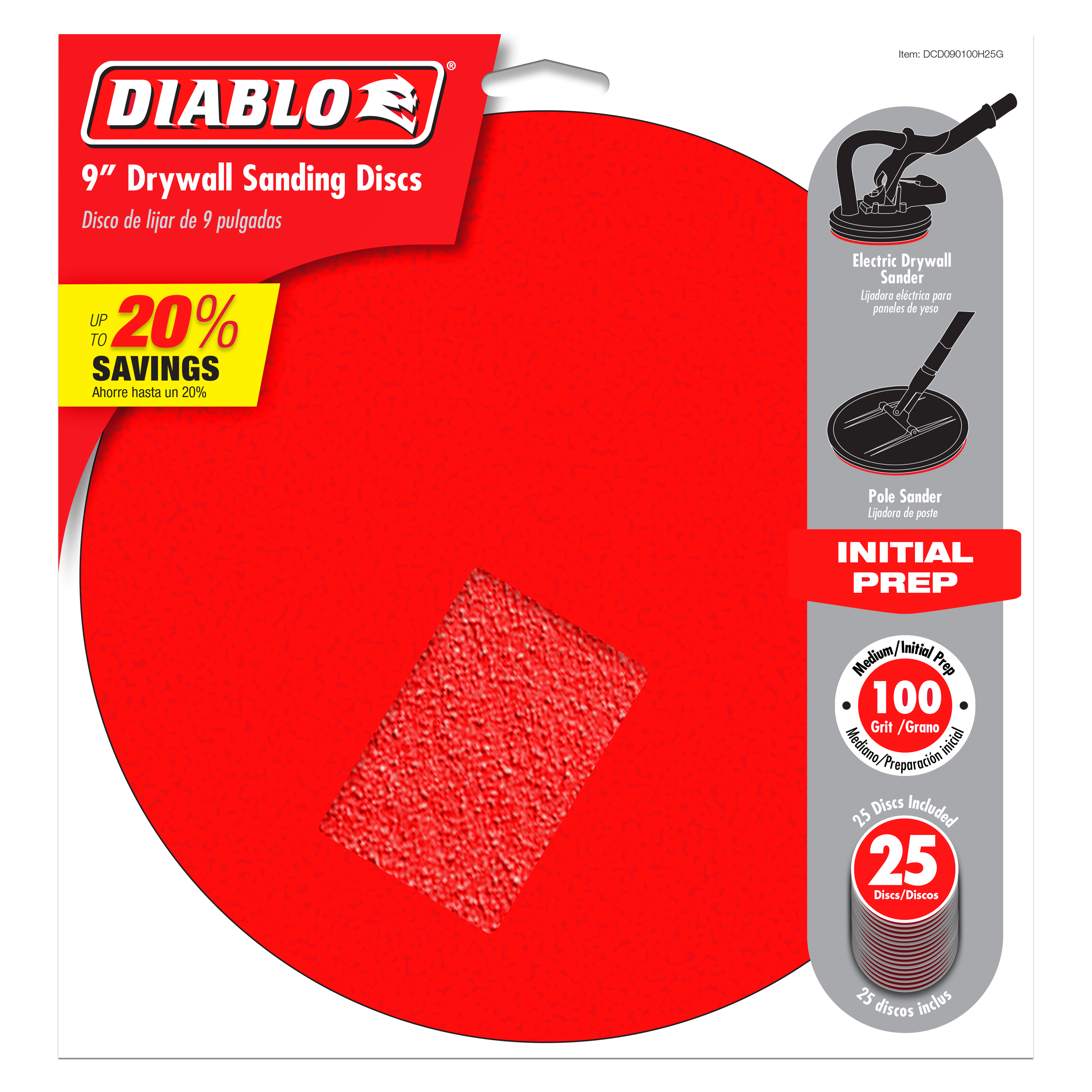 9-inch round drywall sanding disc with 100 grit medium texture and hook and loop backing.