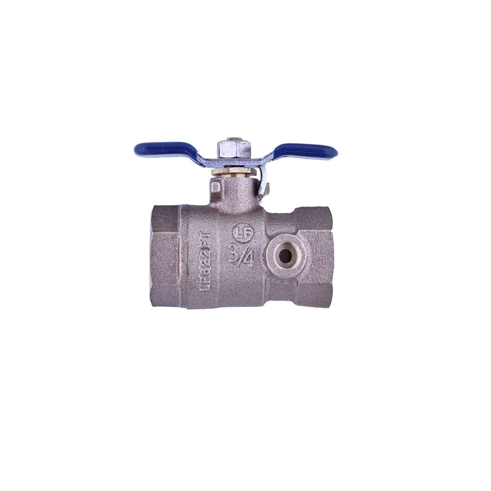 FEBCO 3/4" lead free ball valve with blue lever handle and threaded connections on gray metallic body.
