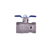 FEBCO 3/4" lead free ball valve with blue lever handle and threaded connections on gray metallic body.