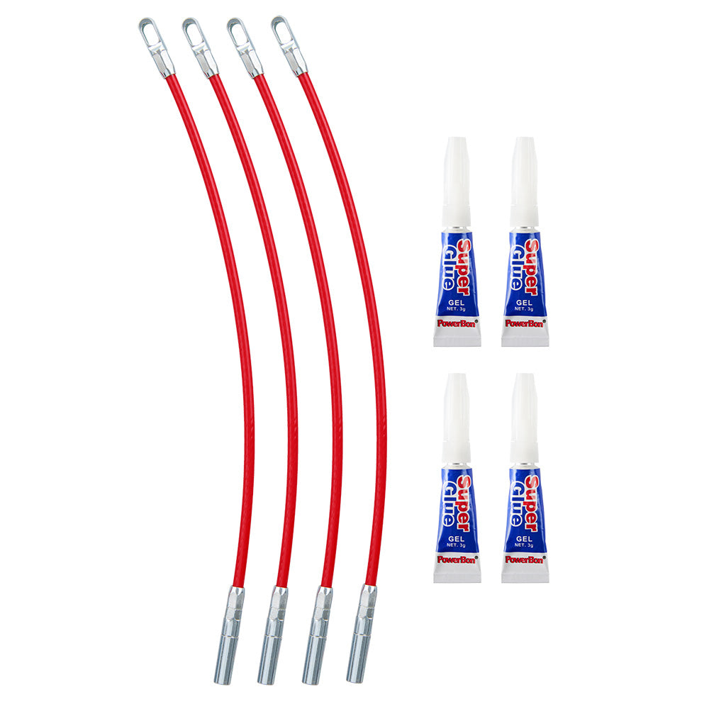 Four red polyester fish tape leaders with metal connectors and four tubes of Super Glue gel adhesive.