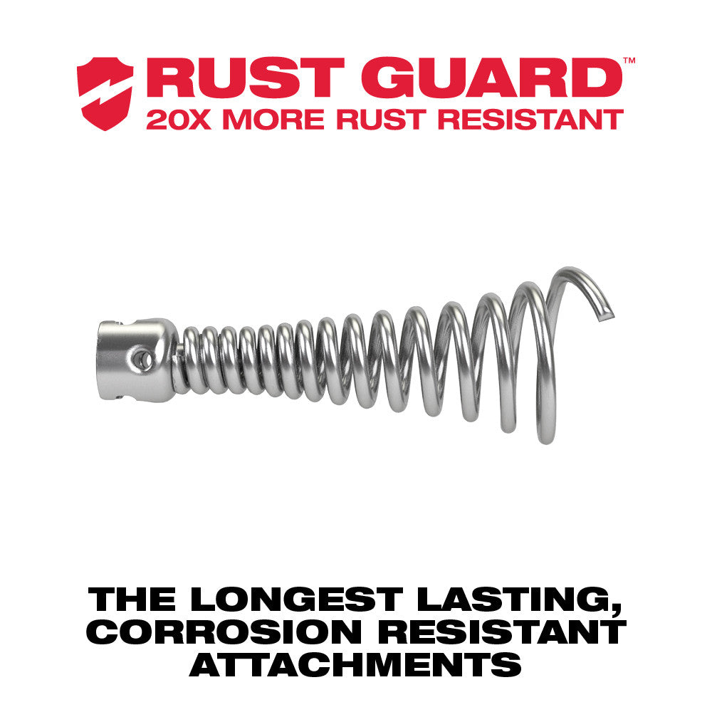 Metallic sectional auger cable with coiled spring design and connector fitting at one end.