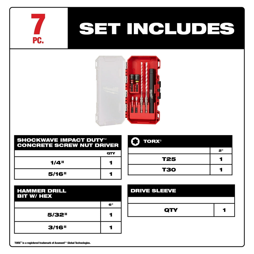 Seven-piece Milwaukee drill bit and driver kit in red and clear cases with concrete screw nuts, Torx bits, and hammer drill b
