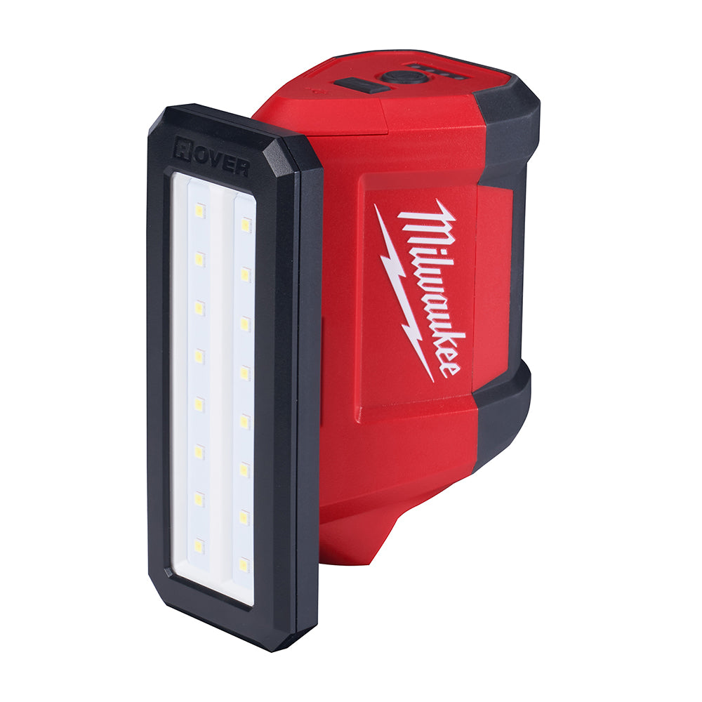 Red and black Milwaukee M12 ROVER flood light with detachable rectangular LED panel on left side.