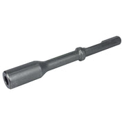 Dark gray metal ground rod driver tool with cylindrical socket end and textured grip handle.