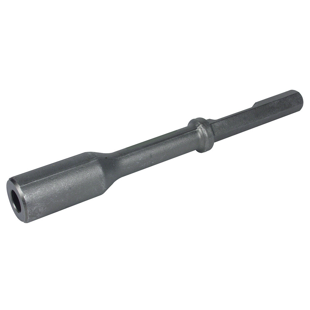 Dark gray metal ground rod driver tool with cylindrical socket end and textured grip handle.