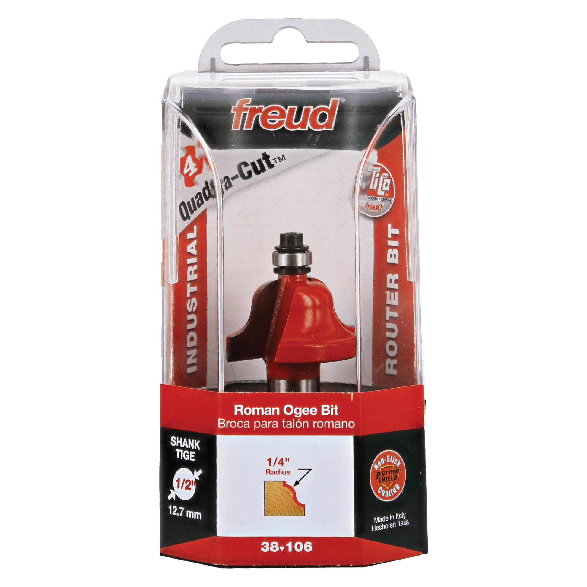 Freud 38-106 Roman Ogee router bit with red cutting head and black shank in clear plastic clamshell packaging.
