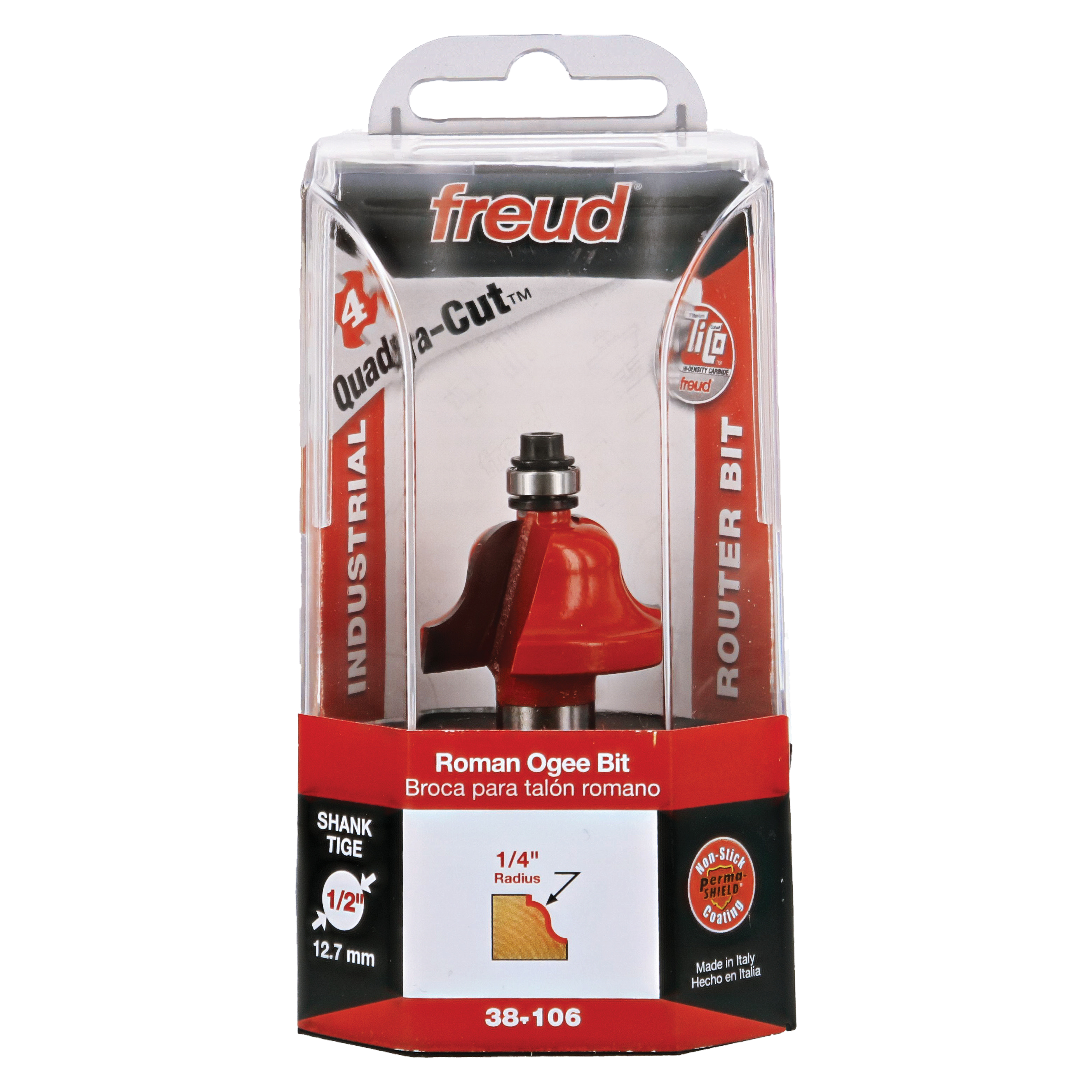 Freud 38-106 Roman Ogee router bit with red cutting head and black shank in clear plastic clamshell packaging.
