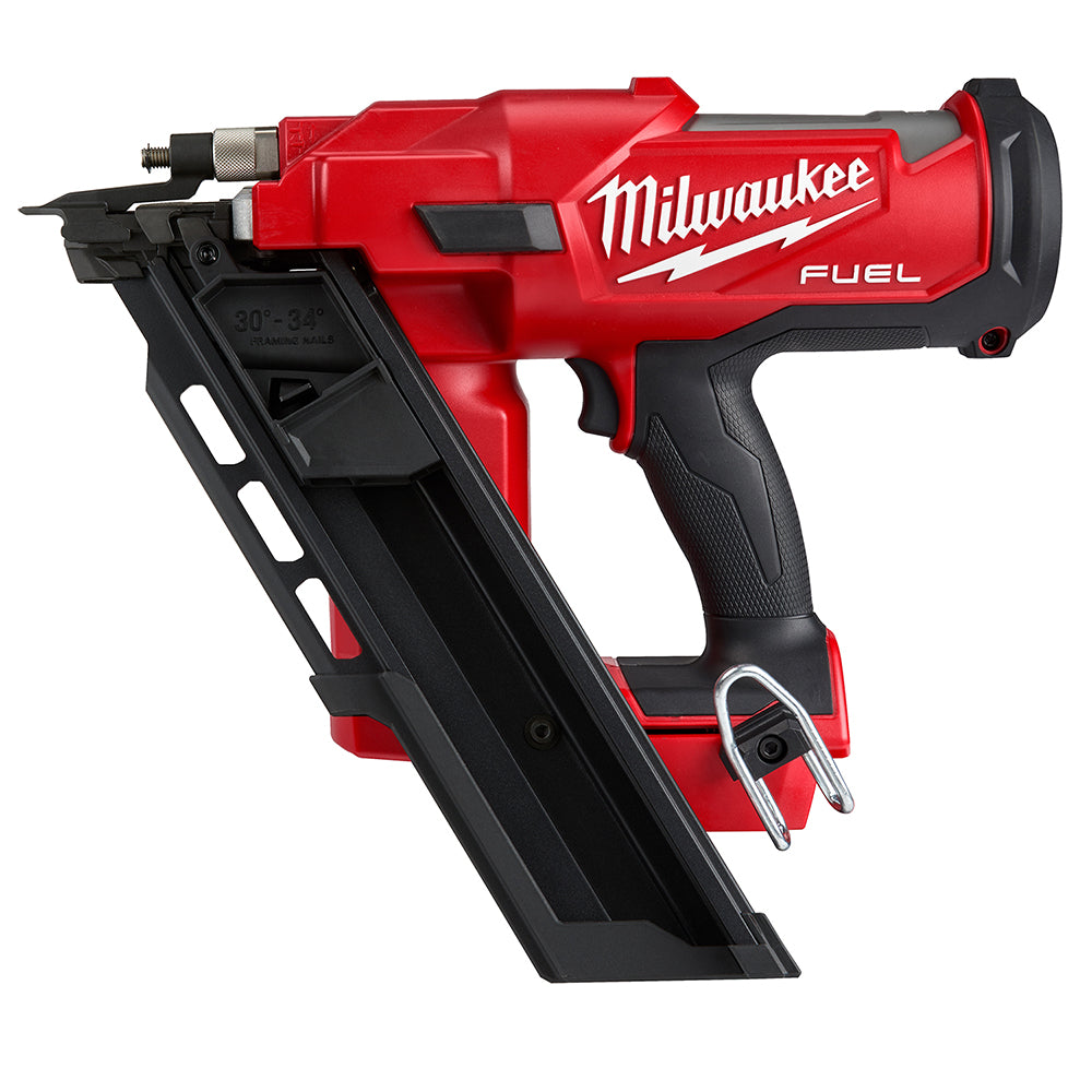 Red and black Milwaukee M18 FUEL 30-degree framing nailer with trigger, grip, and angled nail magazine.