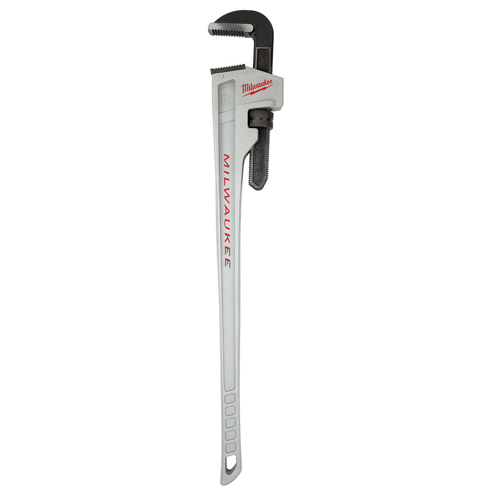 Milwaukee aluminum pipe wrench with black hook jaw and grip handle on long silver shaft.