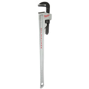 Milwaukee aluminum pipe wrench with black hook jaw and grip handle on long silver shaft.