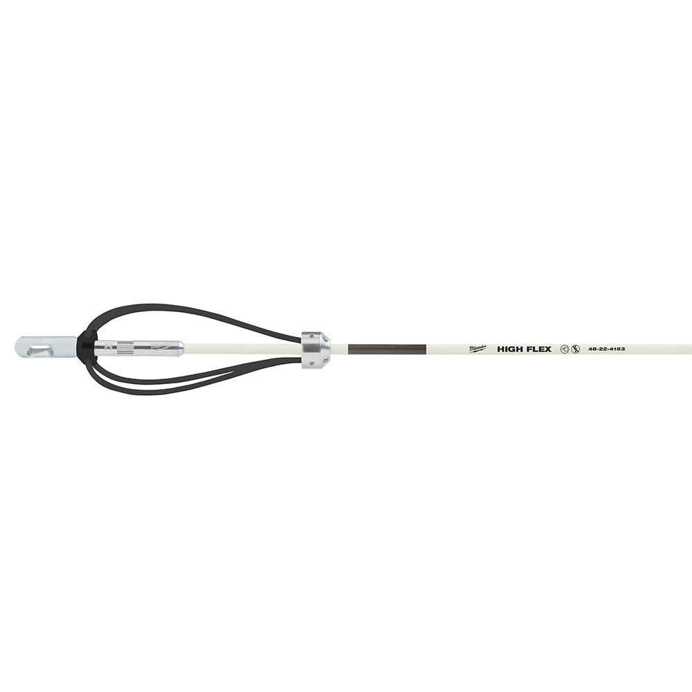 Milwaukee fish stick cable with black looped end connector and white flexible rod labeled "HIGH FLEX."