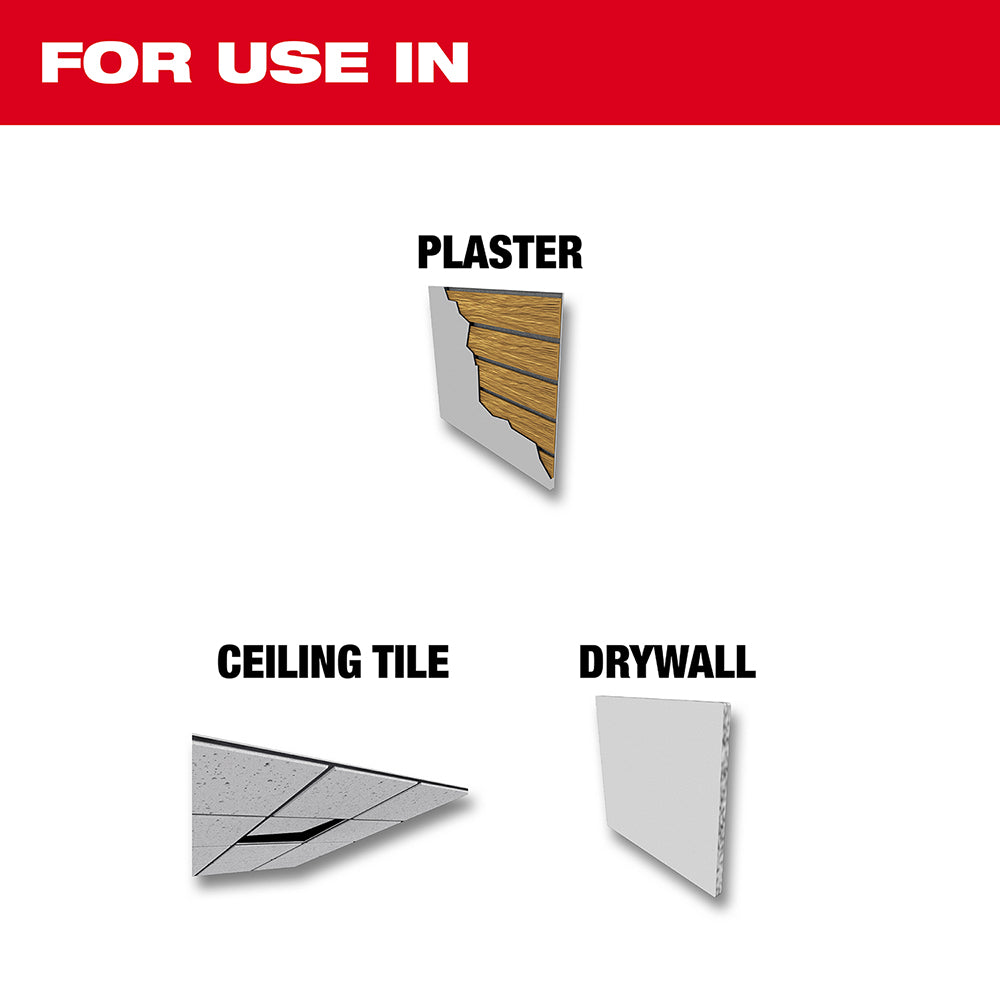 Milwaukee rasping jab saw with red and white packaging showing usage applications for plaster, ceiling tile, and drywall.