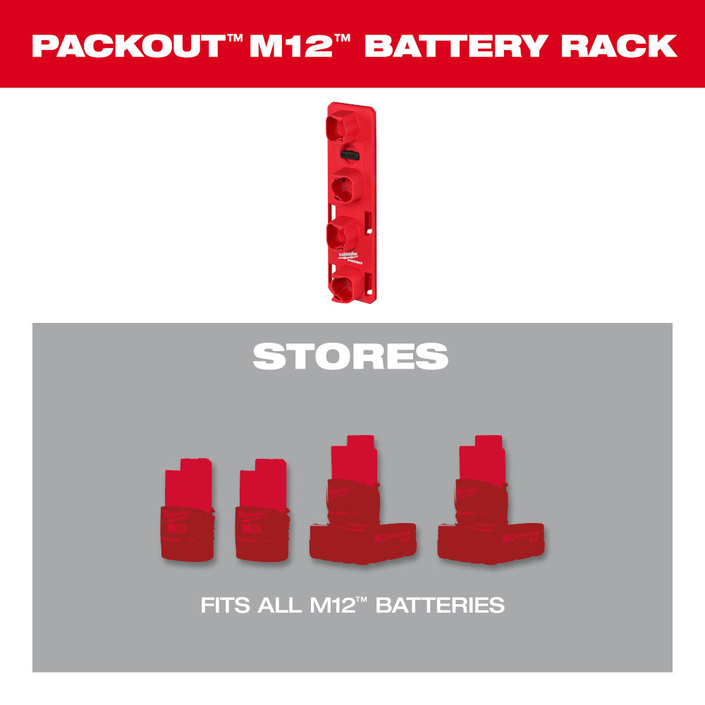 Red PACKOUT M12 battery rack with multiple circular storage slots for batteries, shown with example M12 batteries below.