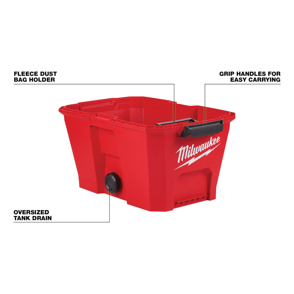 Red plastic 6-gallon vacuum tank with grip handles, fleece dust bag holder, and oversized drain valve.
