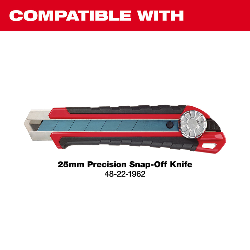 Red and black Milwaukee snap-off knife with 25mm blue blade and metal wheel adjuster.
