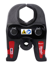Milwaukee M18 1-1/2 inch press jaw with black and red housing, circular opening at top and safety labels.