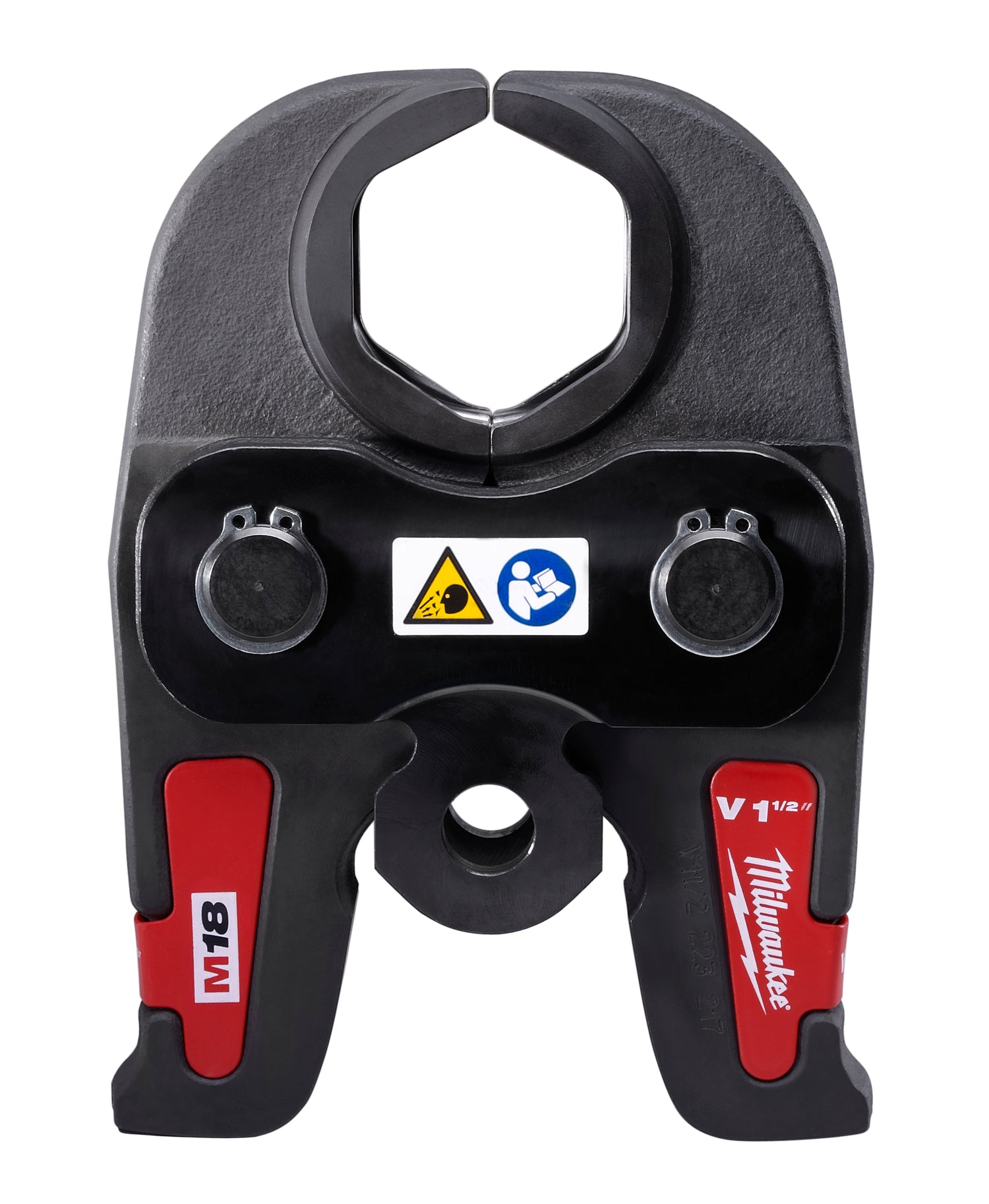 Milwaukee M18 1-1/2 inch press jaw with black and red housing, circular opening at top and safety labels.