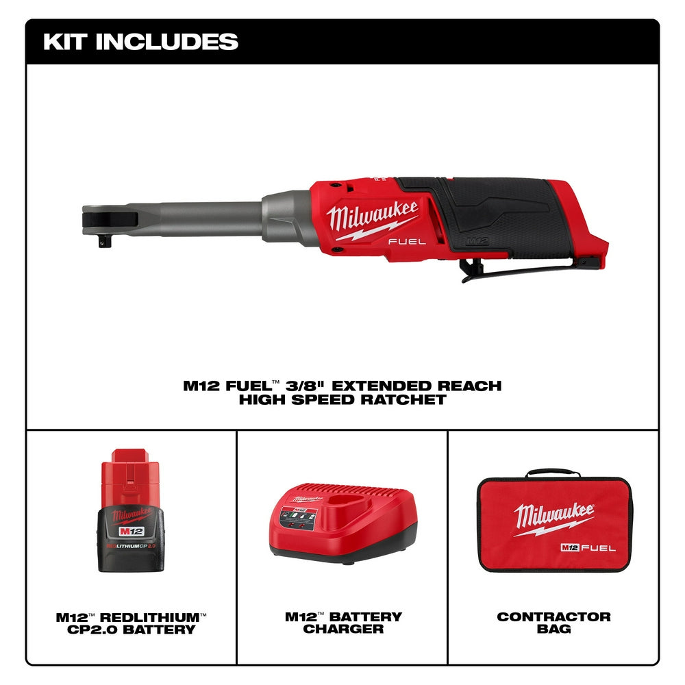 Milwaukee M12 FUEL 3/8" extended reach high-speed ratchet with red and black body, shown with battery, charger, and carrying 