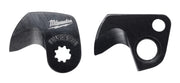 Black Milwaukee replacement blade with curved cutting edge and star-shaped mounting hole, shown from front and back views.