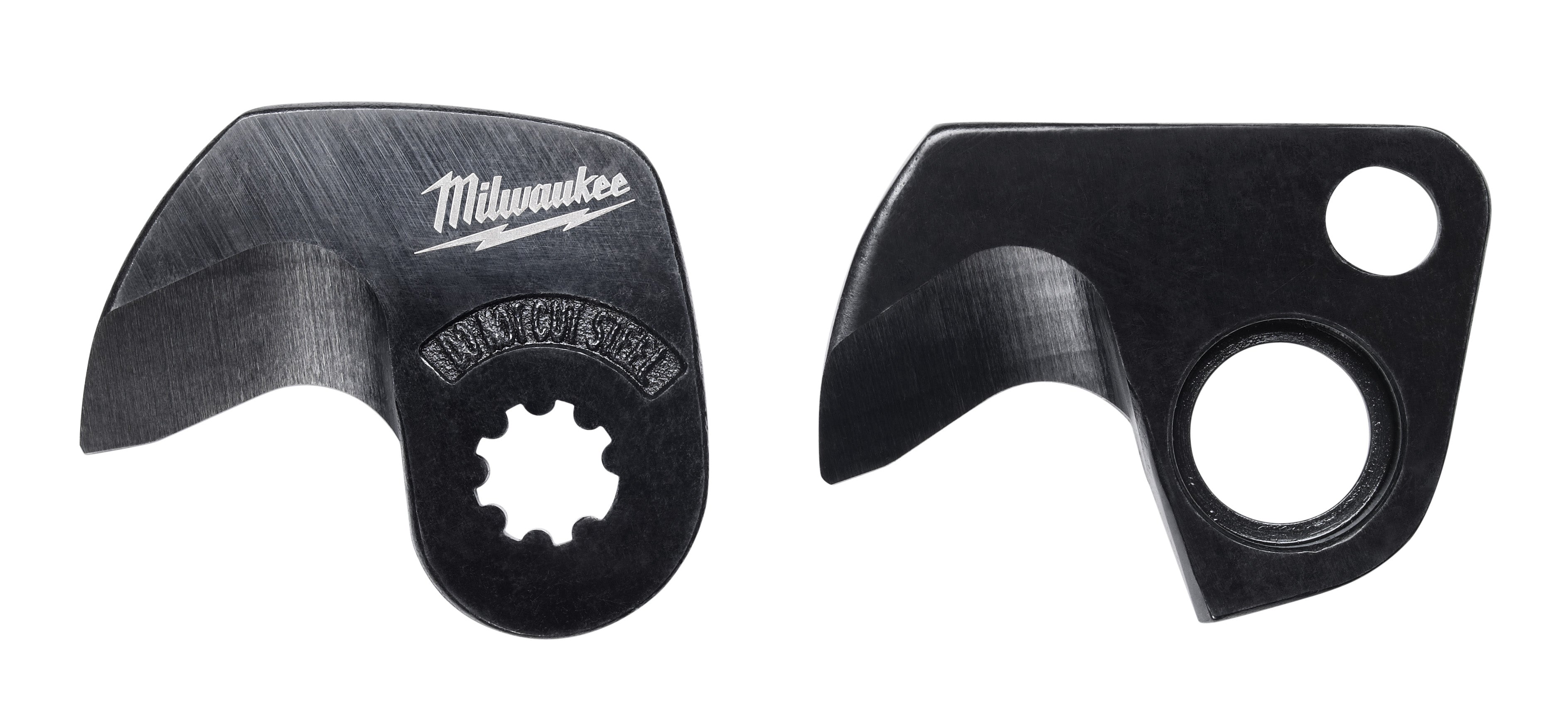 Black Milwaukee replacement blade with curved cutting edge and star-shaped mounting hole, shown from front and back views.