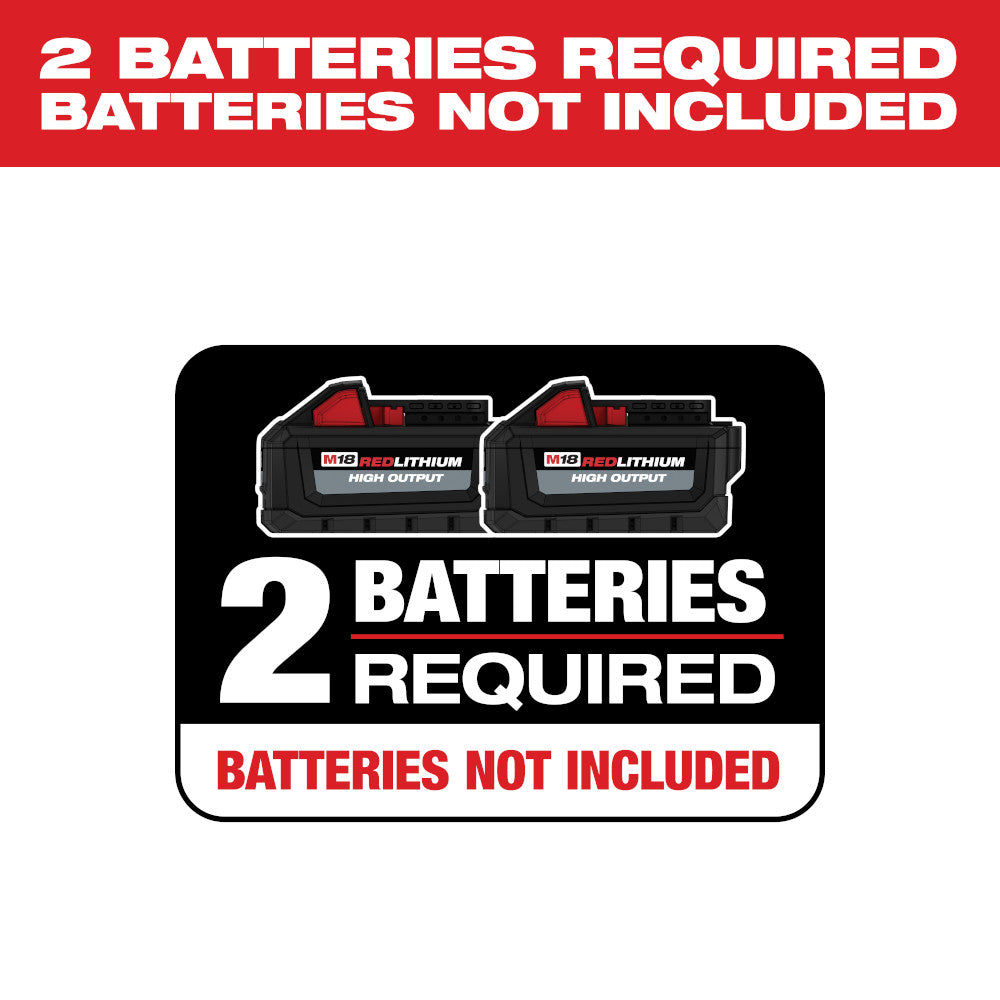 Red banner and label showing two M18 Red Lithium batteries required, batteries not included.
