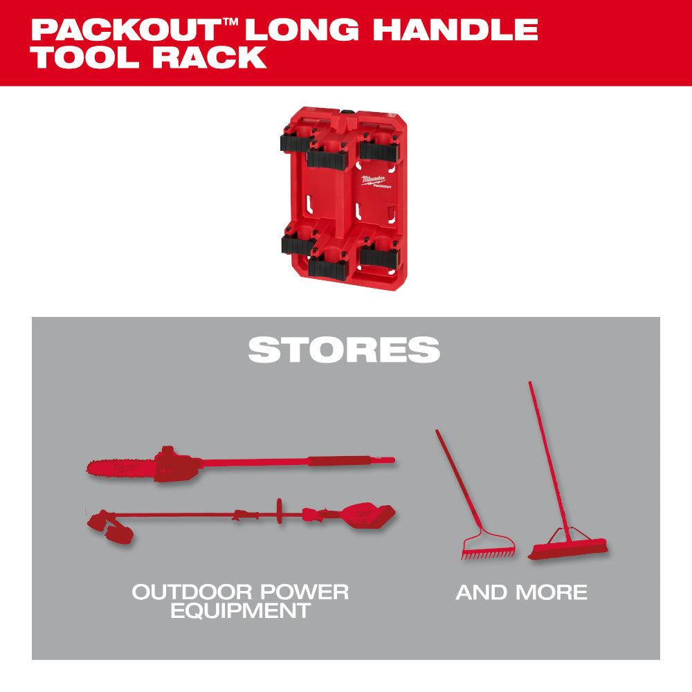 Red plastic PACKOUT tool rack with black handles and storage slots for long-handled tools.