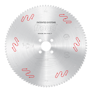 Freud 400mm circular saw blade with silver-toned carbide teeth and red mechanical clamping system indicators around perimeter