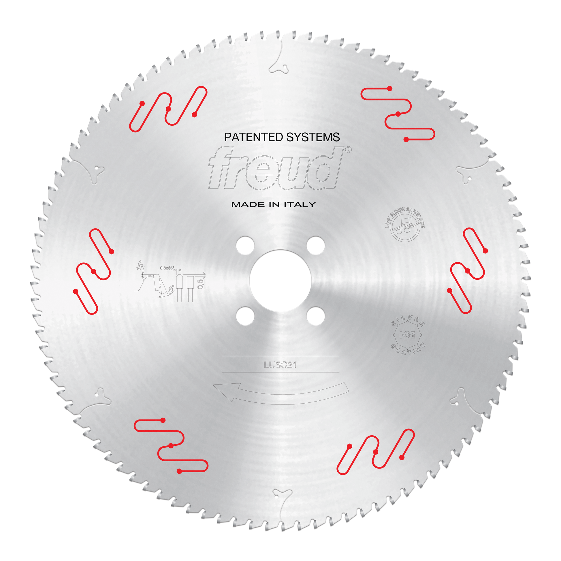 Freud 400mm circular saw blade with silver-toned carbide teeth and red mechanical clamping system indicators around perimeter