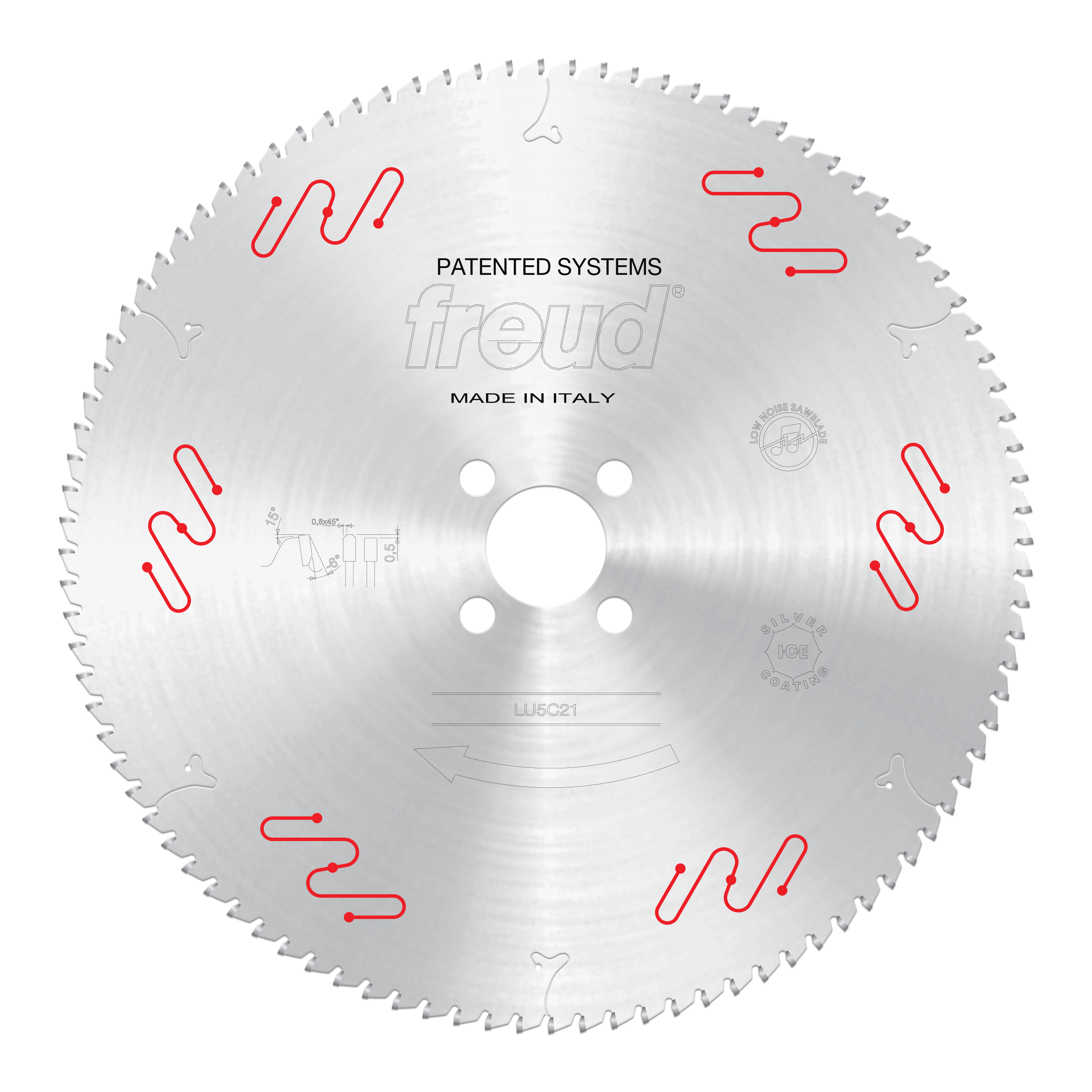 Freud 400mm circular saw blade with silver-toned carbide teeth and red mechanical clamping system indicators around perimeter
