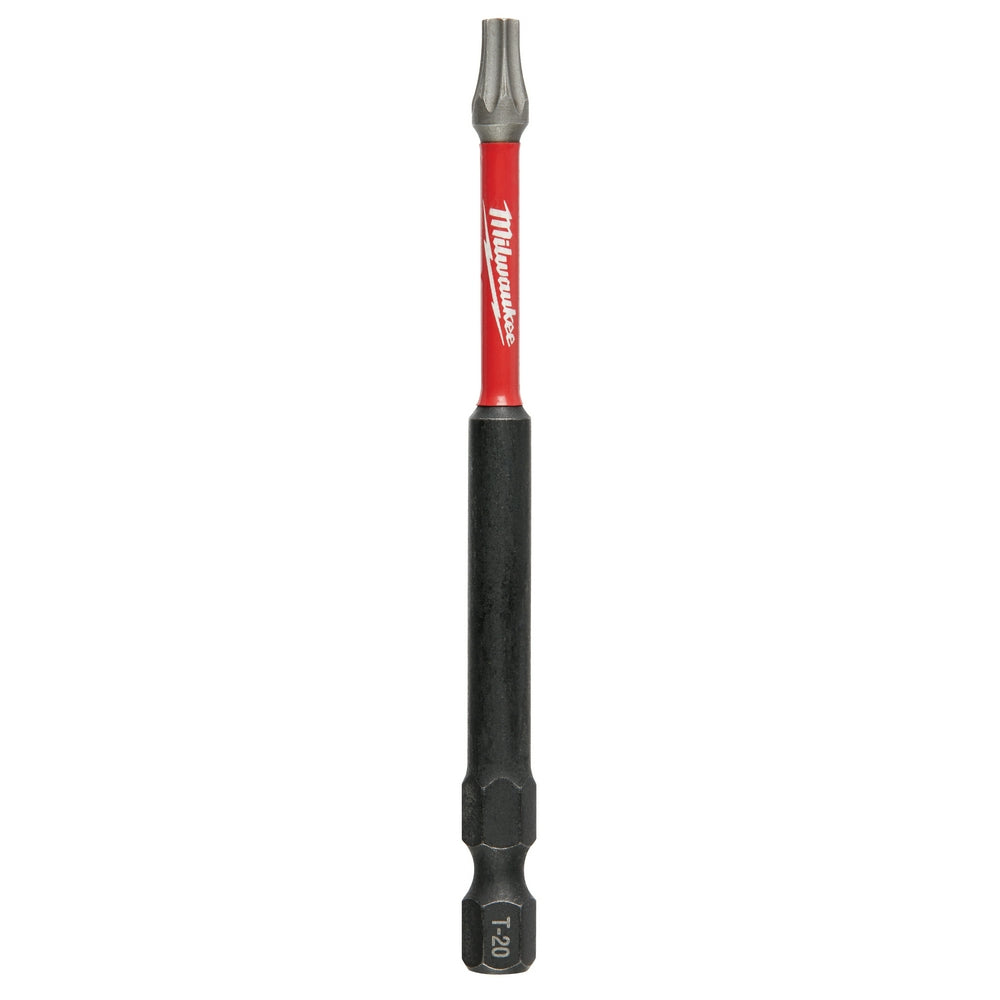 Milwaukee Shockwave Torx T20 power bit with red and black shaft, 3-1/2 inches long.