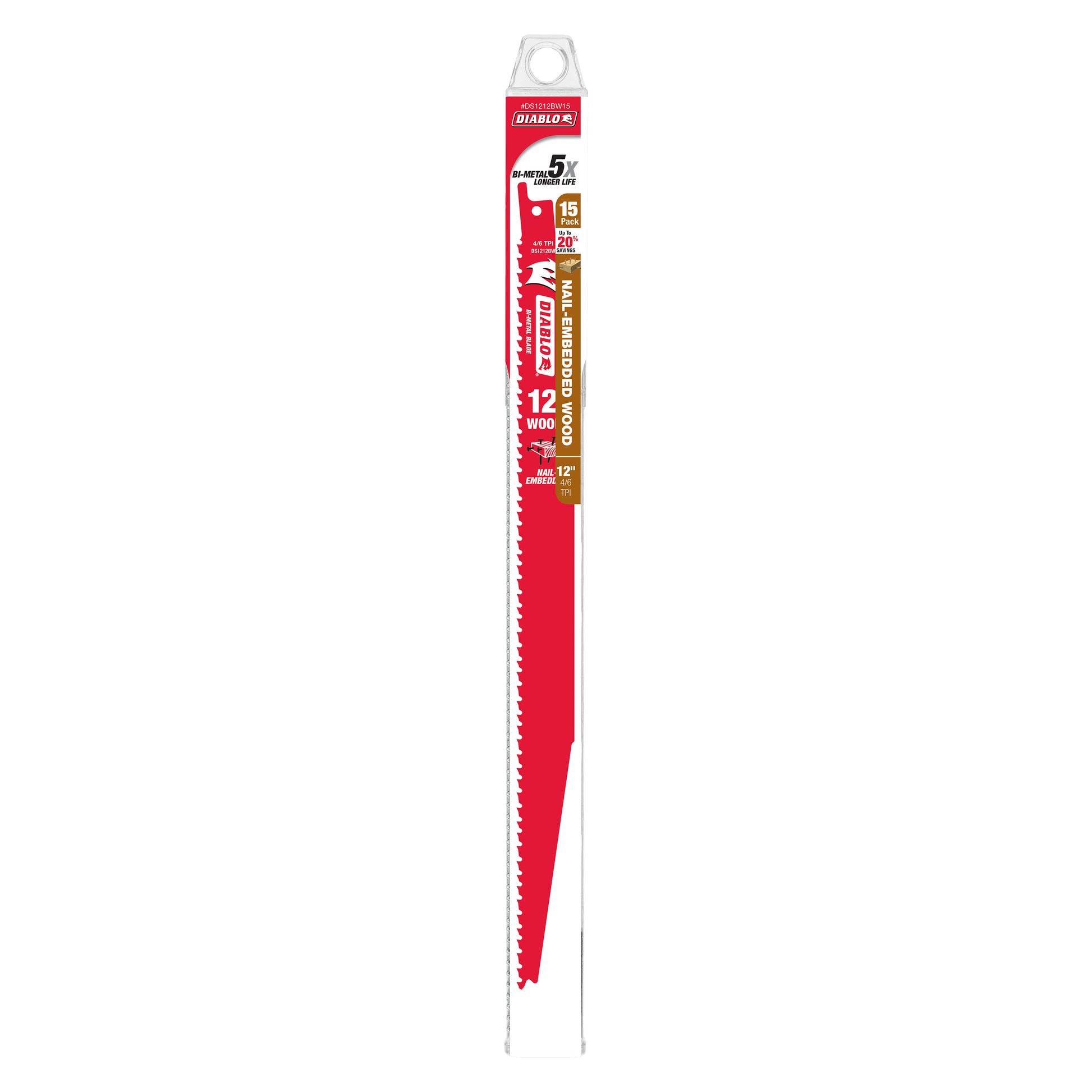12-inch red bi-metal reciprocating saw blade with serrated cutting edge and U-shank mounting.