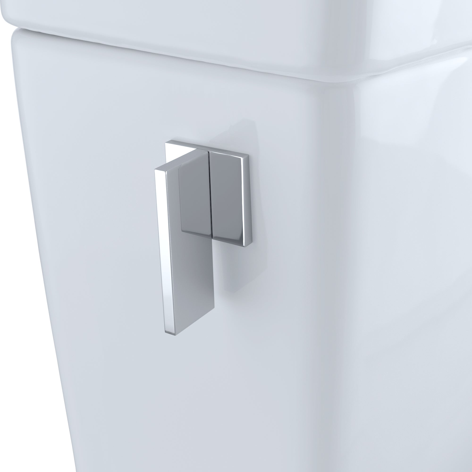 White elongated toilet with chrome dual-flush handle mounted on the tank.