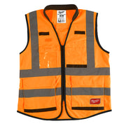 High-visibility orange safety vest with reflective gray stripes, front pockets, and black trim in small/medium size.