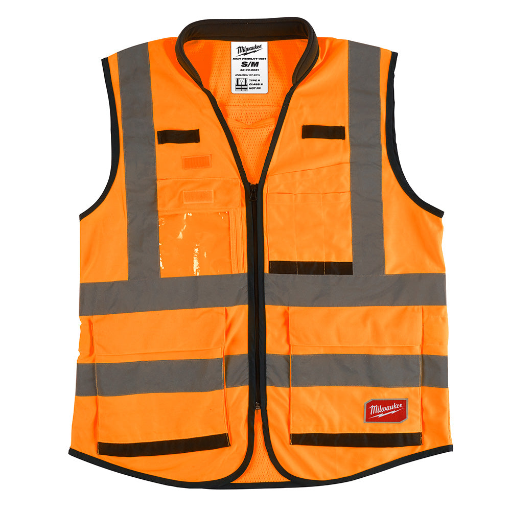 High-visibility orange safety vest with reflective gray stripes, front pockets, and black trim in small/medium size.