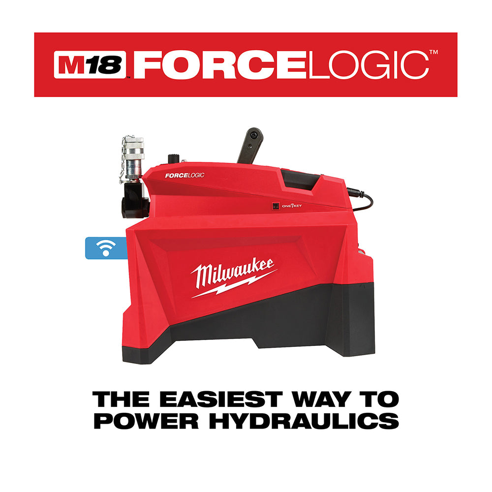 Milwaukee M18 FORCELOGIC red and black hydraulic pump with attached hose and control lever.